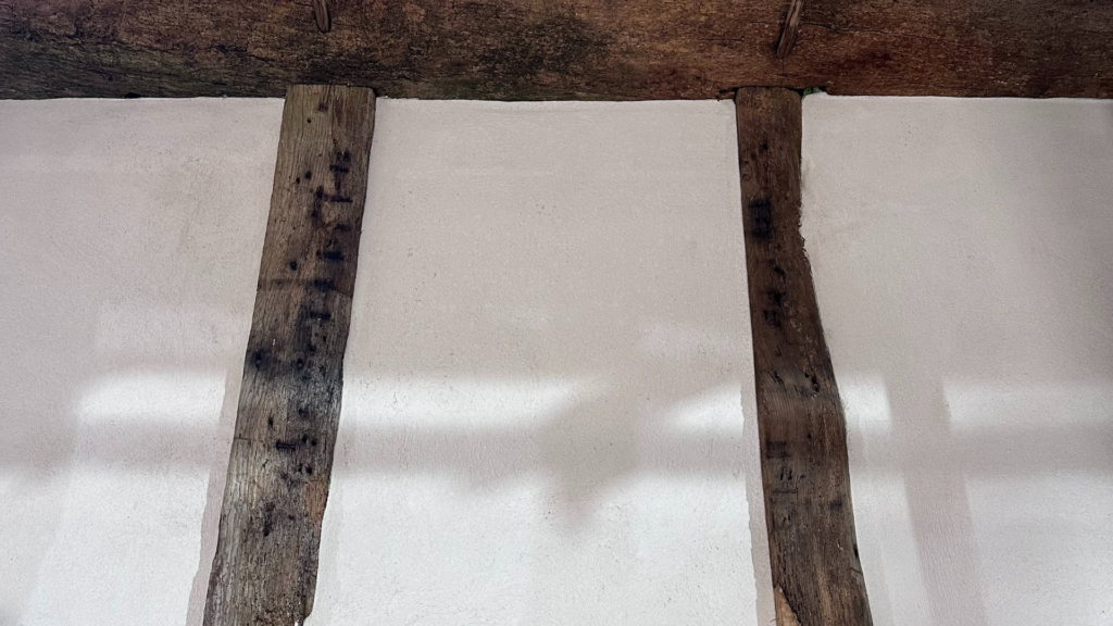 Picture of the oak beams and lime rendering inside Newhall Community Centre.